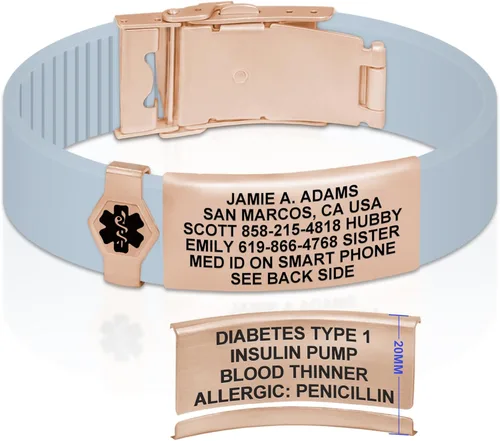 Vista 270 de Divoti Pulsera de identificación de alerta médica grabada personalizada, grabado láser de doble cara, pulsera de silicona, cierre de seguridad