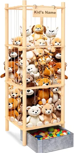 Almacenamiento de Animales de Peluche con Bandeja de Juguetes, Soporte Grande de Almacenamiento de Peluches de Madera de 57 Pulgadas, Capacidad