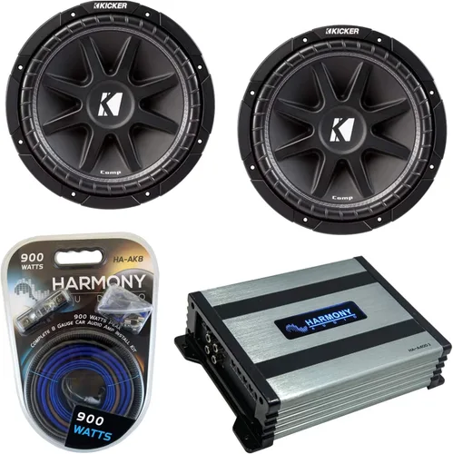 Harmony Audio Kicker - Paquete compatible con vehículo universal (2) 43C124-N 150W RMS 4 Ohm SVC subwoofer para automóvil con amplificador de