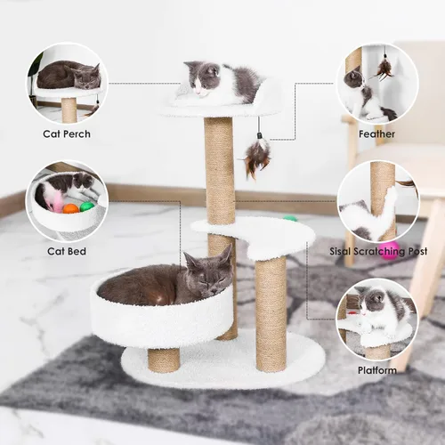 Vista 4 de Lahas Torre moderna para gatos pequeños de interior con poste rascador de sisal, hamaca, perca, cama, juguete de plumas, fácil de montar, diseño