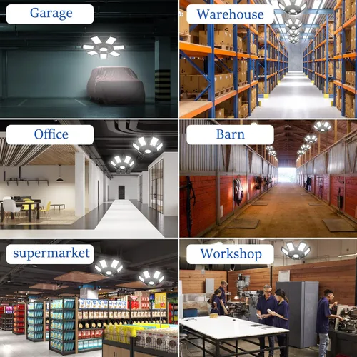 Vista 6 de Luz LED de garaje, luz brillante de garaje con 7 paneles ajustables, 30000 lúmenes, 6500 K, luces LED de techo de garaje deformables, luz LED