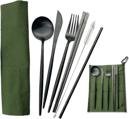 Vista 8 de JASHII Utensilios portátiles, juego de cubiertos de viaje y campamento, 7 piezas de cubiertos de acero inoxidable 304, incluye cuchillo, tenedor