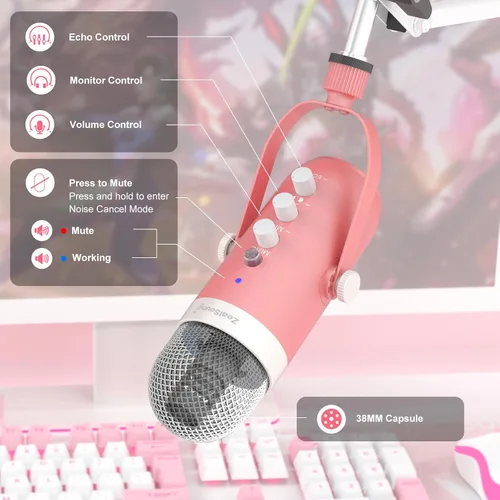 Vista 4 de ZealSound Kit de micrófono para juegos, micrófono USB de condensador de podcast con brazo de brazo, micrófono supercardioide con botón de silencio