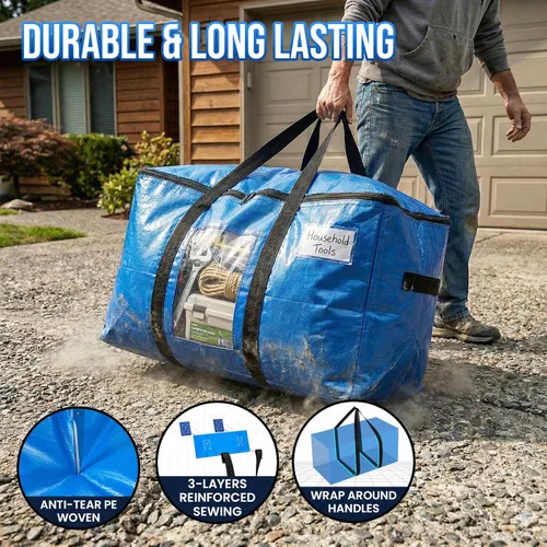 Vista 3 de TAILI - Bolsas de mudanza extra grandes, paquete de 4 bolsas azules resistentes para almacenamiento con ventana visible, asas envolventes