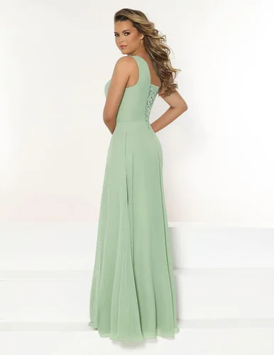 Vista 3 de DFDG Vestido de dama de honor de un hombro para mujer, largo con abertura, fruncido, de gasa, formal, con bolsillos, CM070