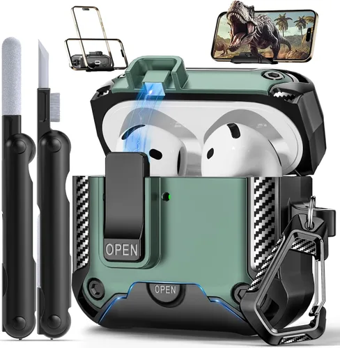 Vista 7 de Funda para AirPods Pro de 2ª Generación con Soporte para Teléfono, Protección Completa contra Caídas con Diseño de Interruptor Automático a Presión