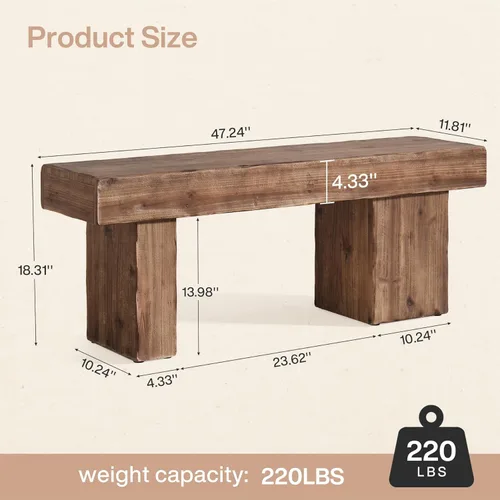 Vista 2 de Banco de madera maciza gruesa, banco de entrada rústico de 47 pulgadas con patas artísticas, banco de comedor resistente para cocina, sala de estar