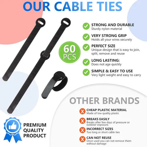 Vista 3 de 60 Sujetadores para Gestión de Cables, Envolturas para Cables Negras de 6 Pulgadas, Sujetadores Reutilizables para Cables Ordenados, PC, TV