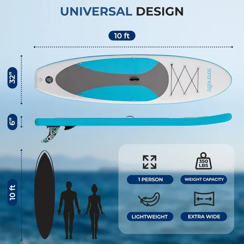 Vista 6 de SereneLife Inflatable Stand Up Paddle Board - Wide Stable Design, Non-Slip Deck for Adults & Youth with Premium Paddle Board Accessories: Carry Bag