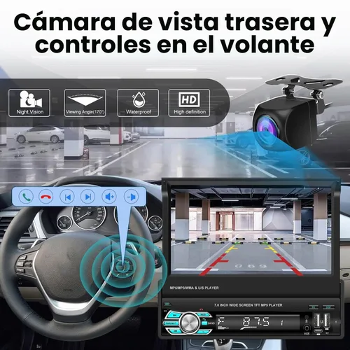 Vista 7 de Radio de coche de un solo DIN con Bluetooth, Carplay inalámbrico y Android Auto, pantalla abatible de 7 pulgadas, soporte estéreo retráctil