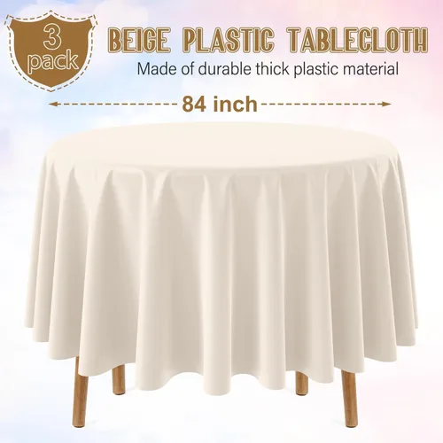 Vista 2 de 3 manteles color beige de 84 pulgadas para mesas redondas, mantel desechable de plástico marfil, mantel impermeable color crema para cumpleaños
