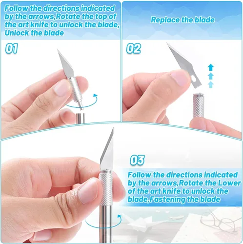 Vista 7 de Anezus Exacto - Cuchillo cortador de pasatiempos con alfombrilla de corte autocurable A4, juego de cuchillos de pasatiempos con 30 cuchillas Exacto