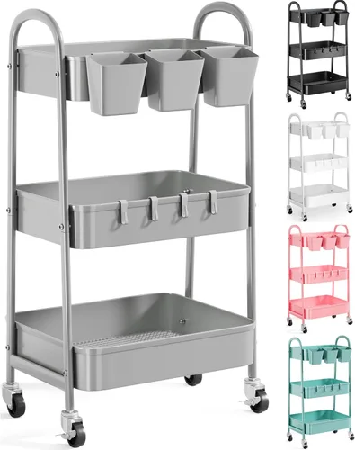 Carrito rodante de 3 niveles de metal gris, carrito de almacenamiento de malla con asa y ruedas con cerradura, carritos organizadores