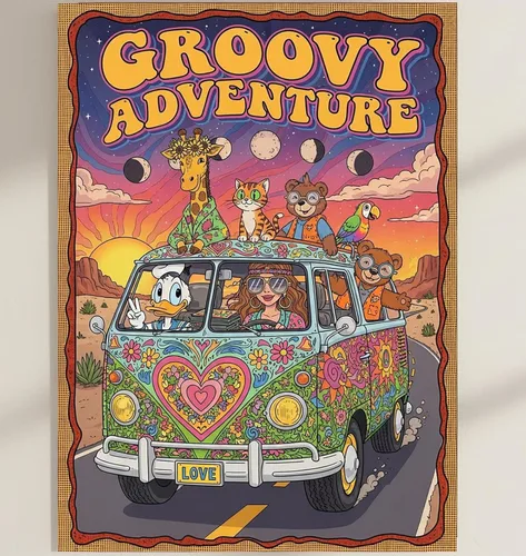 Dekomundo Groovy Adventure Hippie Van Poster | Retro Psychedelic 70s Art Print | Colorful VW Bus Cartoon Animals & Characters | Bohemian Room Decor
