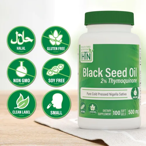 Vista 3 de Negro comino aceite de semillas 500 mg Primera prensado en frío – no-gmo, HTN0067, 1