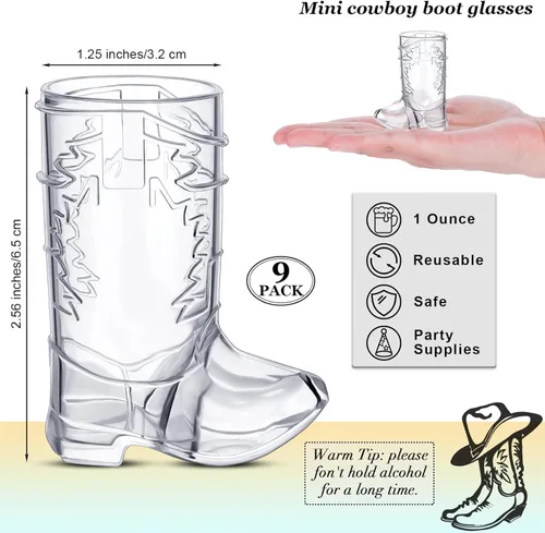 Vista 2 de ADXCO 9 vasos de vaquero transparentes de 1 onza, mini vasos de tiro para botas de vaquero, vasos de plástico para botas de vaquero occidental