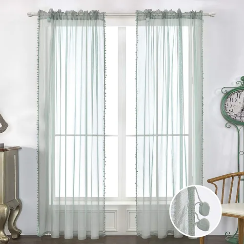 Vista 2 de MISS SELECTEX Cortinas semitransparentes con aspecto de lino y borlas de pompones - Cortinas de gasa semitransparentes con bolsillo para varilla