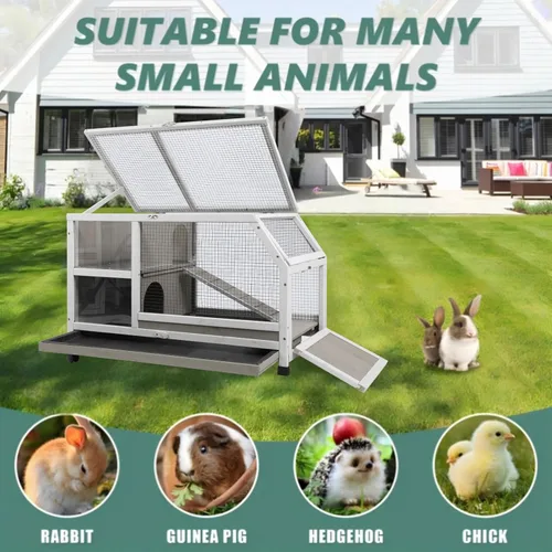 Vista 7 de Gowoodhut Jaula para conejos interior - Jaula de madera para conejos de 91 cm con ruedas, jaula para conejos, jaula para conejillos de indias