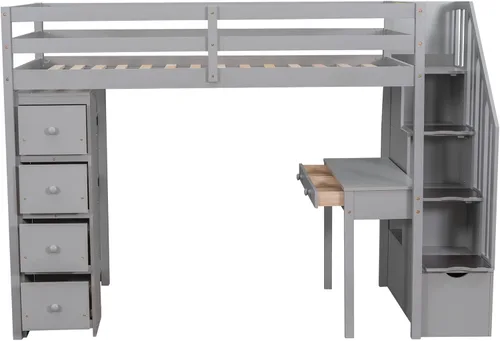 Vista 5 de VilroCaz Elegante cama tipo loft de tamaño individual con cajones de almacenamiento y escritorio, marco de cama de madera con escalera