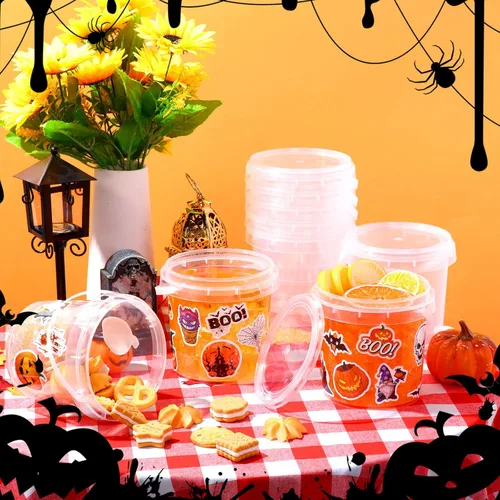 Vista 2 de Sliner 20 cubos pequeños para dulces de Halloween de 34 onzas, 100 calcomanías de terror, cubetas de ron de cóctel con tapa y asa para Halloween