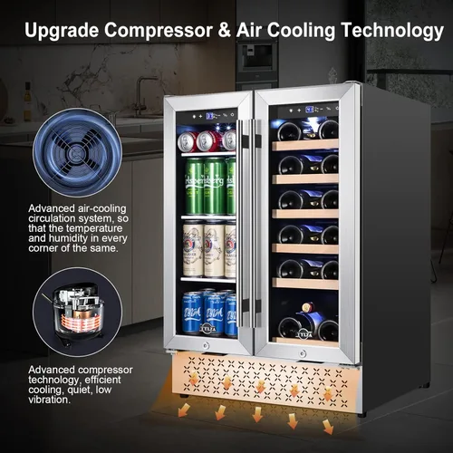 Vista 5 de Tylza Wine and Beverage Refrigerator, 24 Inch Dual Zone Wine Fridge, Holds 18 Bottles and 88 Cans, French Doors, Lock, Under-counter or Freestanding