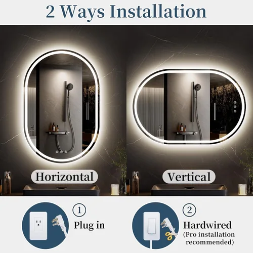 Vista 9 de Espejo LED para baño de 24 x 36 pulgadas, espejo de tocador LED ovalado con luces, antiniebla, regulable, 3