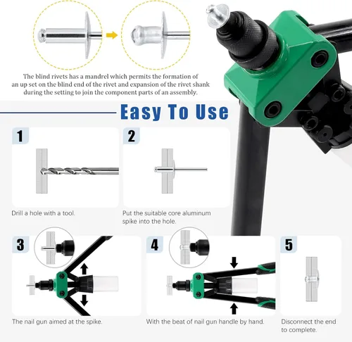 Vista 6 de Glarks Juego de 261 pistolas de remache con brida grande, remachadores de mango resistente de 13 pulgadas y 260 remaches ciegos de aluminio de 7