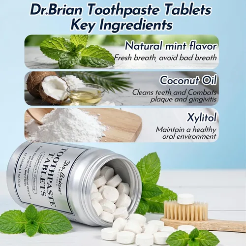 Vista 3 de Dr.Brian - Tabletas de pasta de dientes nano hidroxiapatita, sin flúor y plástico, tableta masticable ecológica y apta para viajes, pastillas