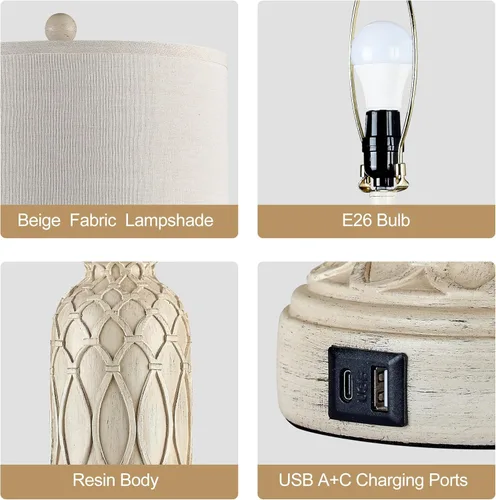 Vista 5 de Juego de 2 lámparas de mesa de 28 pulgadas para sala de estar, lámparas de estilo granja para dormitorio con puertos USB, lámpara de mesa de noche
