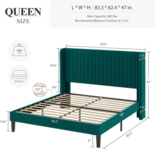 Vista 26 de Allewie Marco de cama de terciopelo tamaño Queen, cabecera capitonada con canal vertical, plataforma tapizada, listones de madera fuertes,
