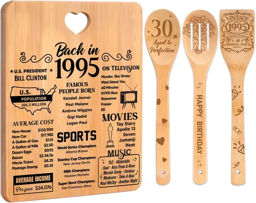Regalos de cumpleaños número 30 para mujeres – Regalos de cumpleaños número 30 para hombres, tabla de cortar, hecha de bambú grabada "Year 1995 News"