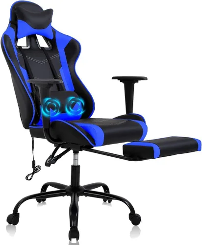Silla de juegos con reposapiés y soporte lumbar de masaje, silla reclinable de altura ajustable con respaldo alto para adultos, giratoria 360, color
