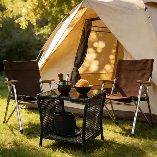 Mesa auxiliar para exteriores, mesa auxiliar de ratán para patio con mesa cuadrada de vidrio, mesa auxiliar de mimbre para exteriores con estante de