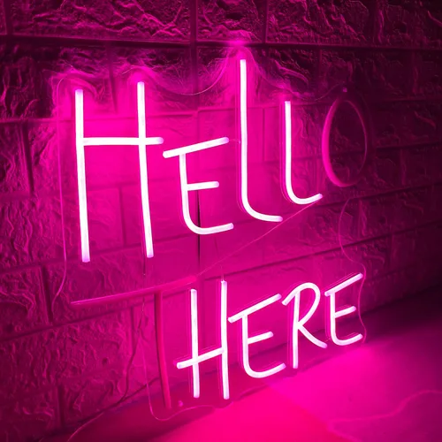 Vista 2 de Letrero de neón con texto en inglés Hello There, luces LED de neón de bienvenida para decoración de pared, regulables, Hell Here, para tienda