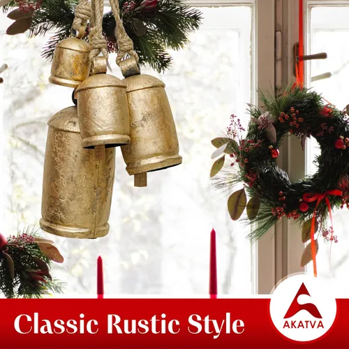 Vista 8 de Akatva Campanas de Navidad grandes para decoración – Campanas de vaca para decoración navideña rústica – Campanas doradas para decoraciones