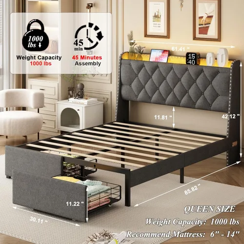 Vista 2 de Base de cama tamaño queen con cabecera de almacenamiento y 2 cajones, base de cama tapizada de lino con luces LED y estación de carga, no necesita