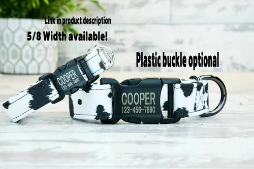 Vista 2 de Collar de perro estilo vaca con hebilla de metal, hecho a mano, collar personalizado grabado personalizado, 1 pulgada de ancho, collares de diseño