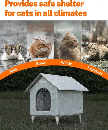 Vista 7 de Toozey Casa para Gatos de Exterior, Refugio Impermeable para Gatos Extra con Almohadilla Calefactora para Gatos Callejeros/de Granero, Casa Elevada