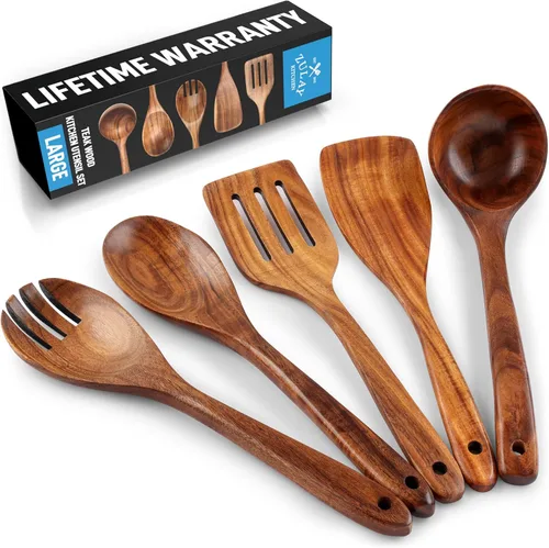 Zulay Kitchen Juego de 5 cucharas de madera extragrandes - Utensilios de cocina de teca lisa - Cucharón, espátula, espumadera, tenedor, cuchara