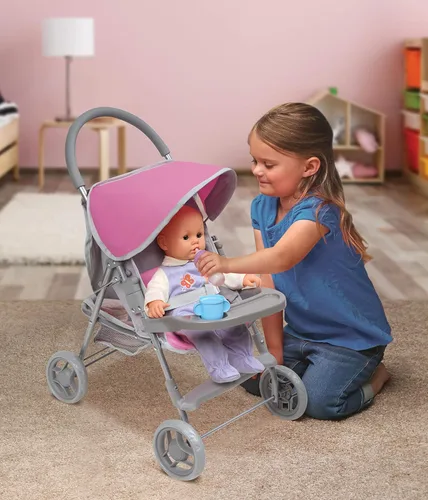 Vista 6 de Badger Basket Deluxe Glide - Cochecito plegable para muñecas de 18 pulgadas en gris y rosa, ideal para aventuras de juego