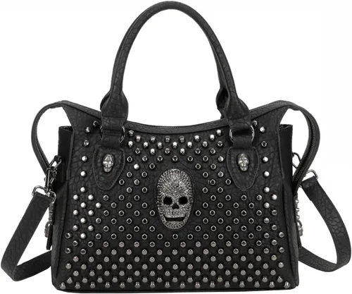 Bolso de mano y monederos PU Satchel Skull Rivet Hombro Tote Top Handle Bag Negro Remache de calavera