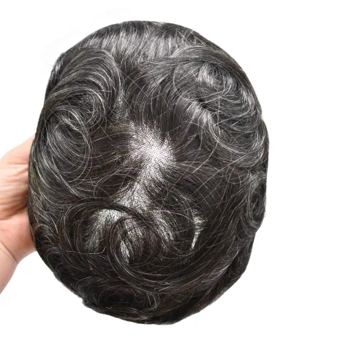 Vista 7 de Toupee para hombres, pieza de cabello humano real, sistema de cabello para hombre, encaje suizo suave, extensiones de cabello para hombre, gris