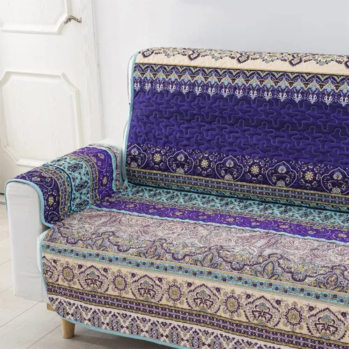 Vista 3 de Yiran Funda de sofá bohemia azul y morado con estampado de mandala a rayas, protector de muebles con correas elásticas, funda de sofá de microfibra