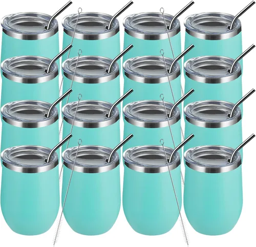Vista 18 de MEWAY Vaso de vino sin tallo de 12 onzas con tapa, vaso de viaje de acero inoxidable con aislamiento de doble pared al vacío con popote, para Negro