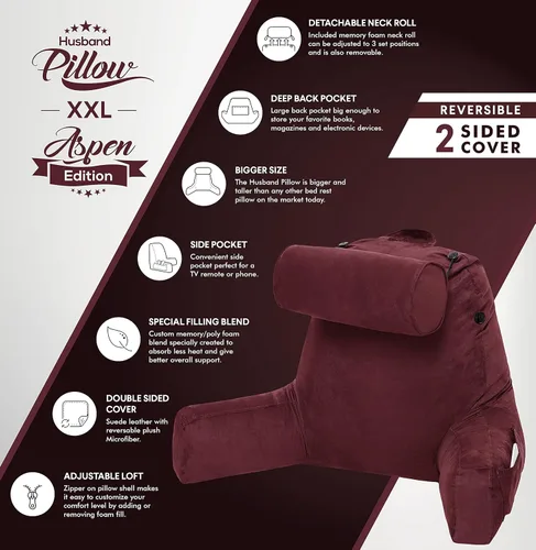 Vista 6 de Husband Pillow Backrest with Arms - Adult Reading Pillow with Shredded Memory Foam, Ultra-Comfy Removable Microplush Cover & Detachable Neck Roll