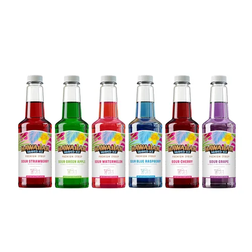 Hawaiian Shaved Ice Paquete de 6 jarabes, cereza agria, uva agria, frambuesa azul agria, manzana verde agria, sandía agria y fresa agria para
