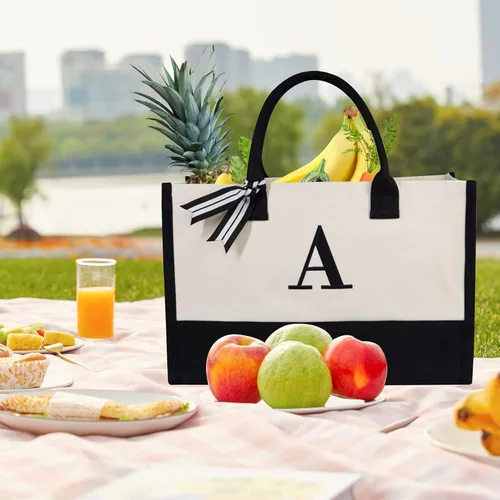Vista 4 de Bolsa de playa de lona con inicial, personalizada, bolsa de regalo con monograma para mujer