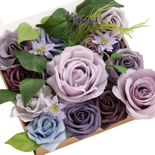 Vista 55 de Ling's moment Caja de flores artificiales, tallos de follaje artificial falso, rosas de espuma, dalia de seda, hierba de pampas, flor de tela