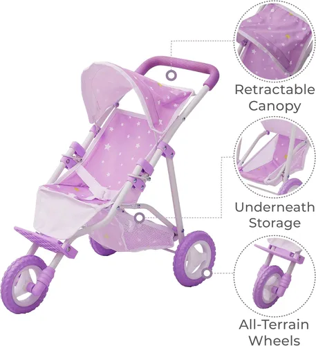 Vista 3 de Olivia's Little World Cochecito de bebé estilo jogging con toldo, cinturón de seguridad y espacio de almacenamiento, morado y blanco