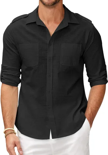 COOFANDY Camisa de lino de algodón para hombre, manga larga, casual, con botones, para verano, playa, lisa, con bolsillos